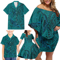 Hawaiian Whales Polynesian Art Motifs Family Matching Off Shoulder Short Dress and Hawaiian Shirt Turquoise Color - Polynesian Pride
