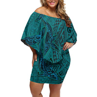 Hawaiian Whales Polynesian Art Motifs Family Matching Off Shoulder Short Dress and Hawaiian Shirt Turquoise Color - Polynesian Pride