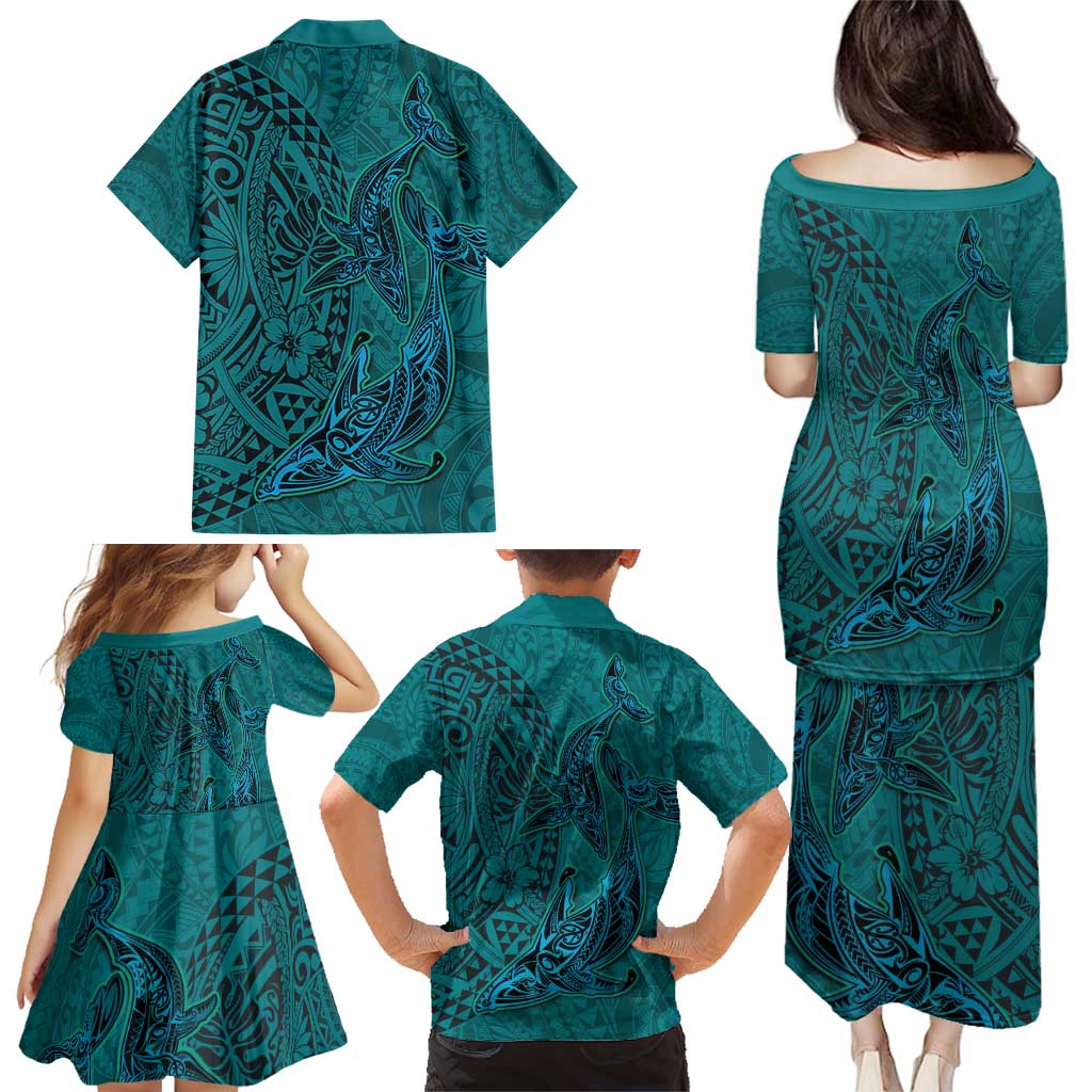 Hawaiian Whales Polynesian Art Motifs Family Matching Puletasi and Hawaiian Shirt Turquoise Color - Polynesian Pride