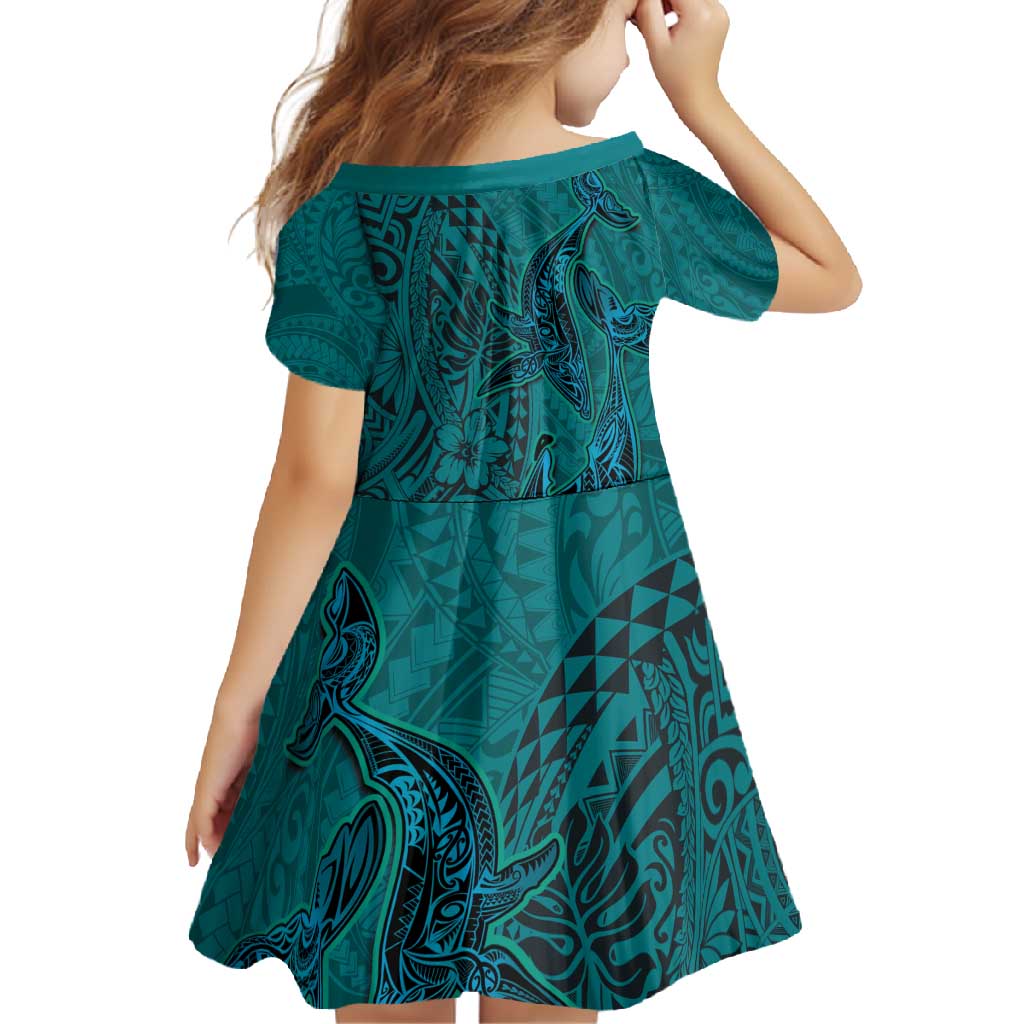 Hawaiian Whales Polynesian Art Motifs Family Matching Short Sleeve Bodycon Dress and Hawaiian Shirt Turquoise Color - Polynesian Pride