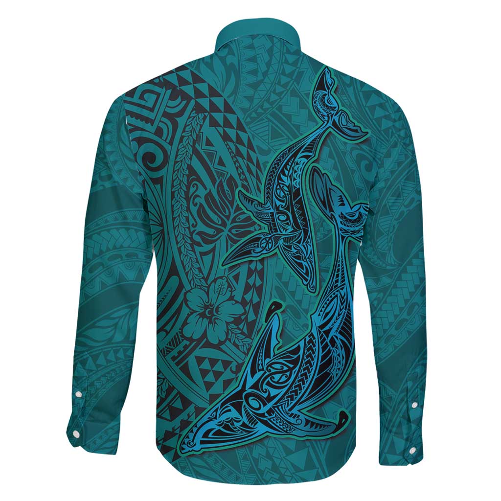 Hawaiian Whales Polynesian Art Motifs Family Matching Short Sleeve Bodycon Dress and Hawaiian Shirt Turquoise Color - Polynesian Pride