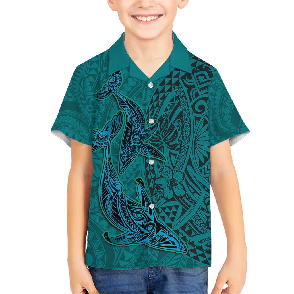 Hawaiian Whales Polynesian Art Motifs Family Matching Summer Maxi Dress and Hawaiian Shirt Turquoise Color - Polynesian Pride