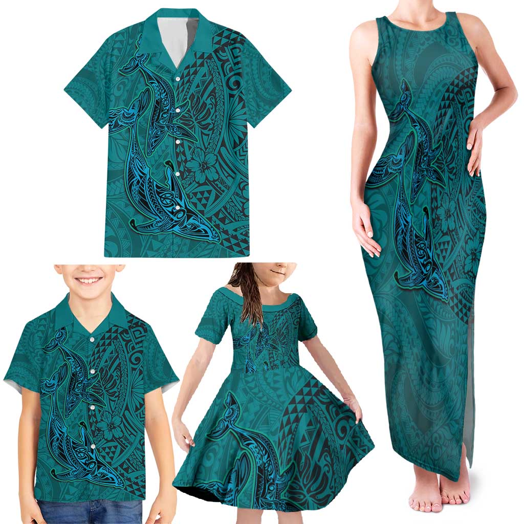 Hawaiian Whales Polynesian Art Motifs Family Matching Tank Maxi Dress and Hawaiian Shirt Turquoise Color - Polynesian Pride