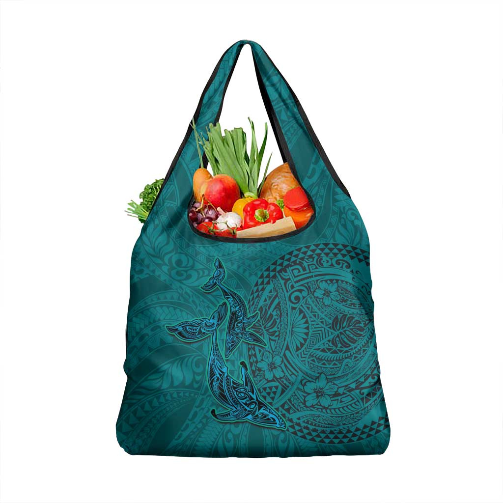 Hawaiian Whales Polynesian Art Motifs Grocery Bag Turquoise Color - Polynesian Pride