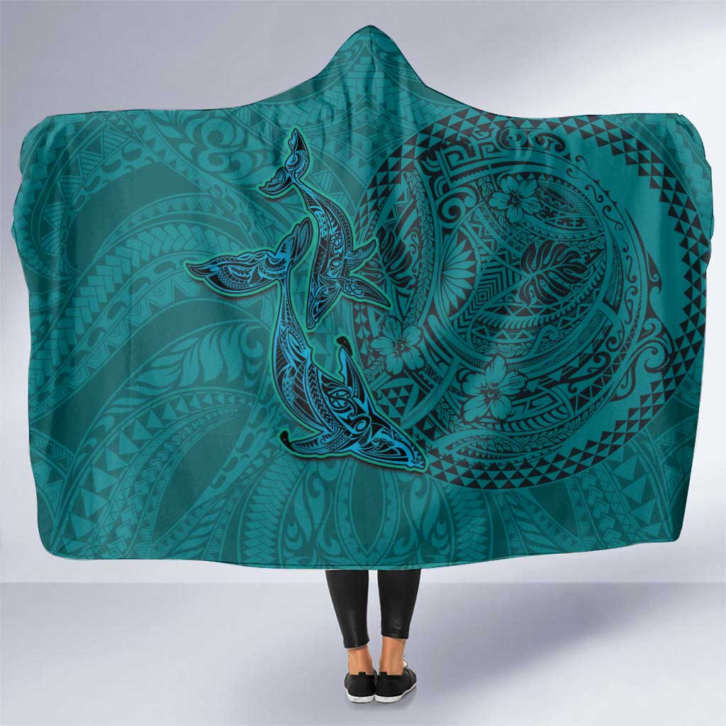 Hawaiian Whales Polynesian Art Motifs Hooded Blanket Turquoise Color LT03 One Size Turquoise - Polynesian Pride