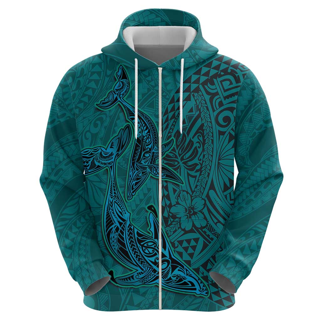 Hawaiian Whales Polynesian Art Motifs Hoodie Turquoise Color - Polynesian Pride