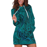 Hawaiian Whales Polynesian Art Motifs Hoodie Dress Turquoise Color - Polynesian Pride