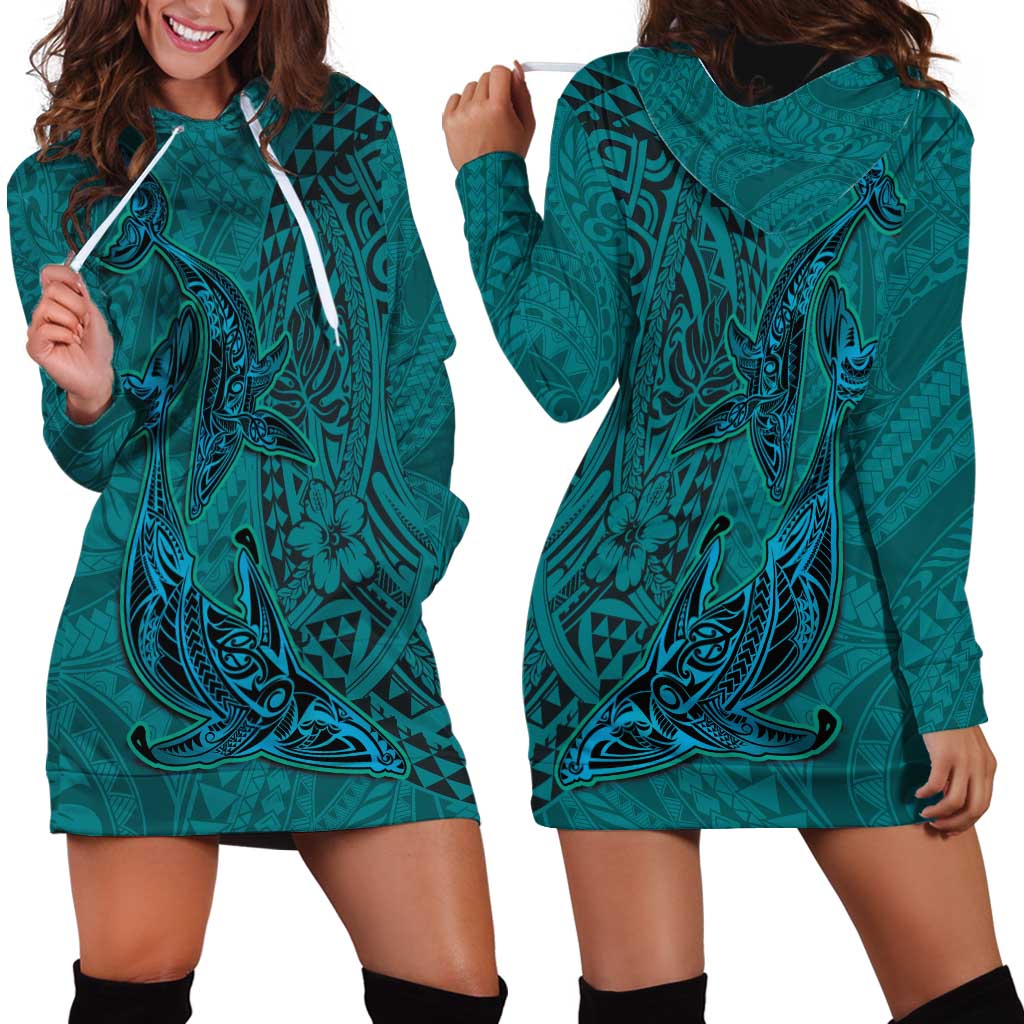 Hawaiian Whales Polynesian Art Motifs Hoodie Dress Turquoise Color - Polynesian Pride