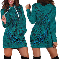 Hawaiian Whales Polynesian Art Motifs Hoodie Dress Turquoise Color - Polynesian Pride