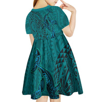 Hawaiian Whales Polynesian Art Motifs Kid Short Sleeve Dress Turquoise Color - Polynesian Pride