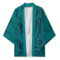 Hawaiian Whales Polynesian Art Motifs Kimono Turquoise Color - Polynesian Pride