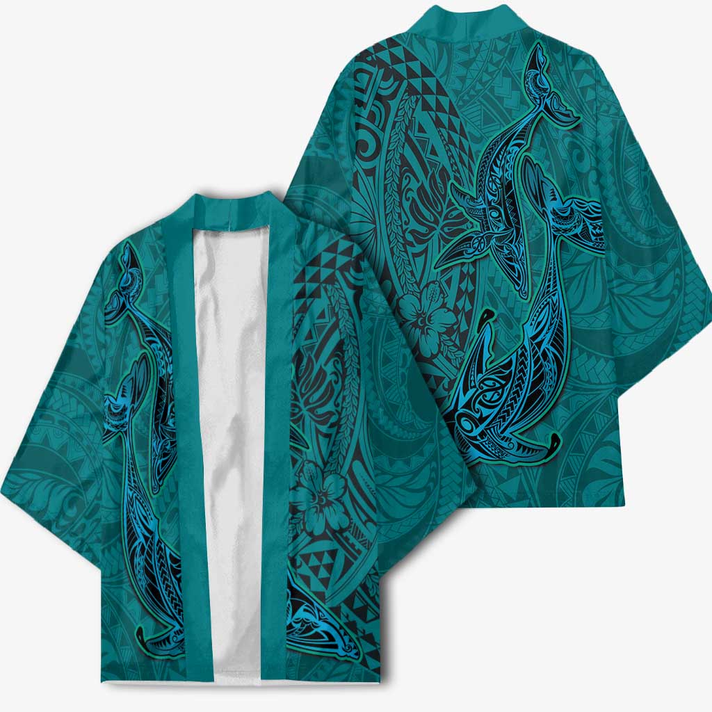 Hawaiian Whales Polynesian Art Motifs Kimono Turquoise Color - Polynesian Pride