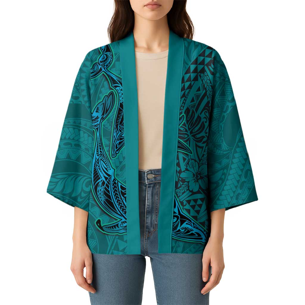 Hawaiian Whales Polynesian Art Motifs Kimono Turquoise Color - Polynesian Pride