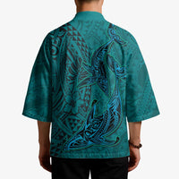Hawaiian Whales Polynesian Art Motifs Kimono Turquoise Color - Polynesian Pride