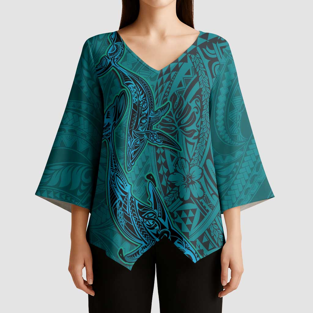 Hawaiian Whales Polynesian Art Motifs Kimono Sleeve Blouse Turquoise Color - Polynesian Pride