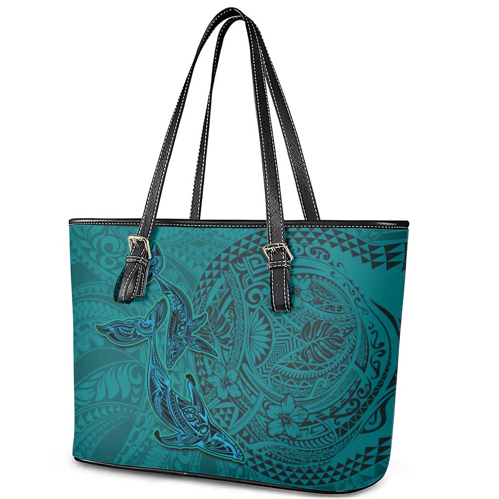 Hawaiian Whales Polynesian Art Motifs Leather Tote Bag Turquoise Color - Polynesian Pride