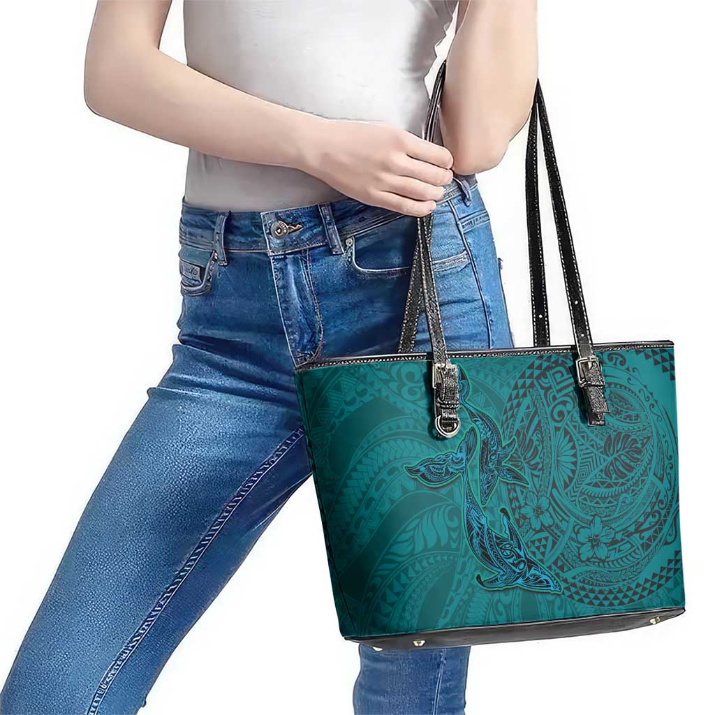 Hawaiian Whales Polynesian Art Motifs Leather Tote Bag Turquoise Color - Polynesian Pride