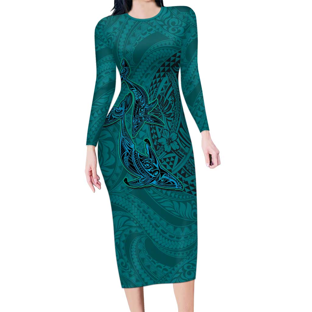 Hawaiian Whales Polynesian Art Motifs Long Sleeve Bodycon Dress Turquoise Color - Polynesian Pride