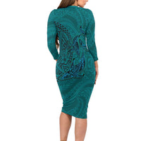 Hawaiian Whales Polynesian Art Motifs Long Sleeve Bodycon Dress Turquoise Color - Polynesian Pride