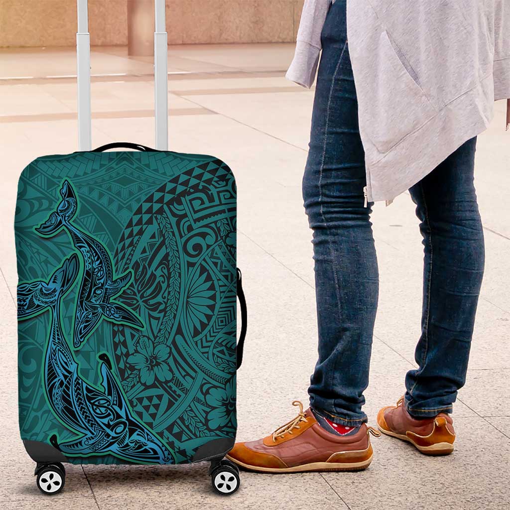 Hawaiian Whales Polynesian Art Motifs Luggage Cover Turquoise Color - Polynesian Pride