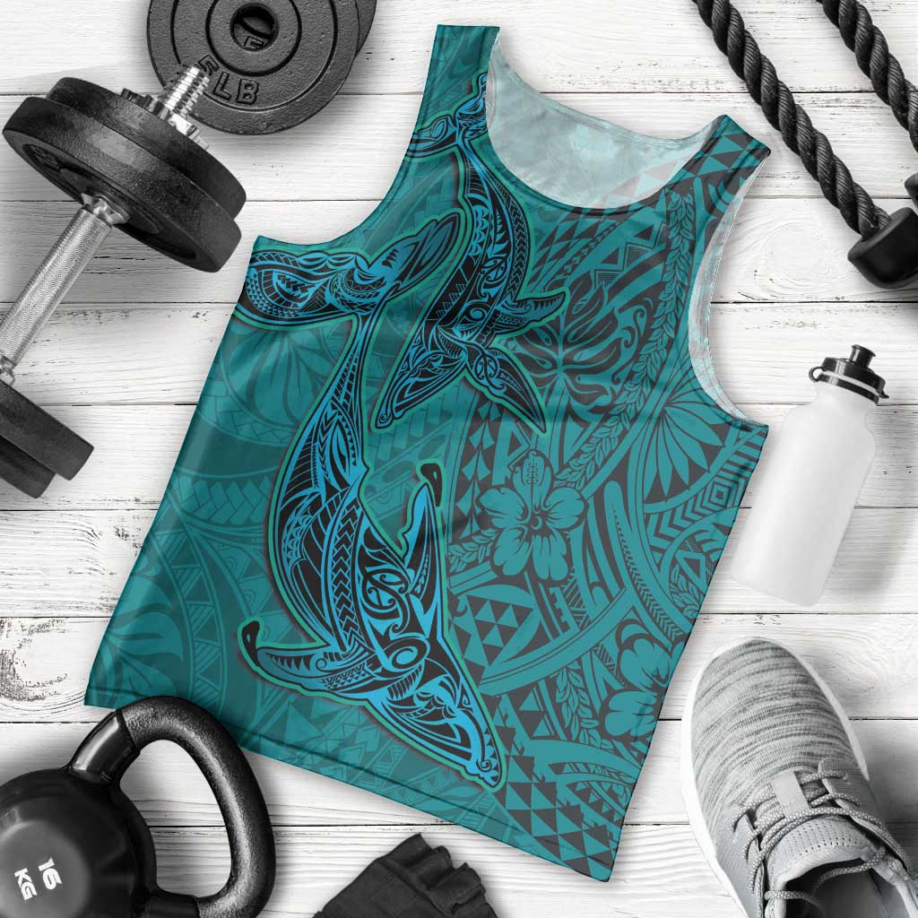 Hawaiian Whales Polynesian Art Motifs Men Tank Top Turquoise Color - Polynesian Pride