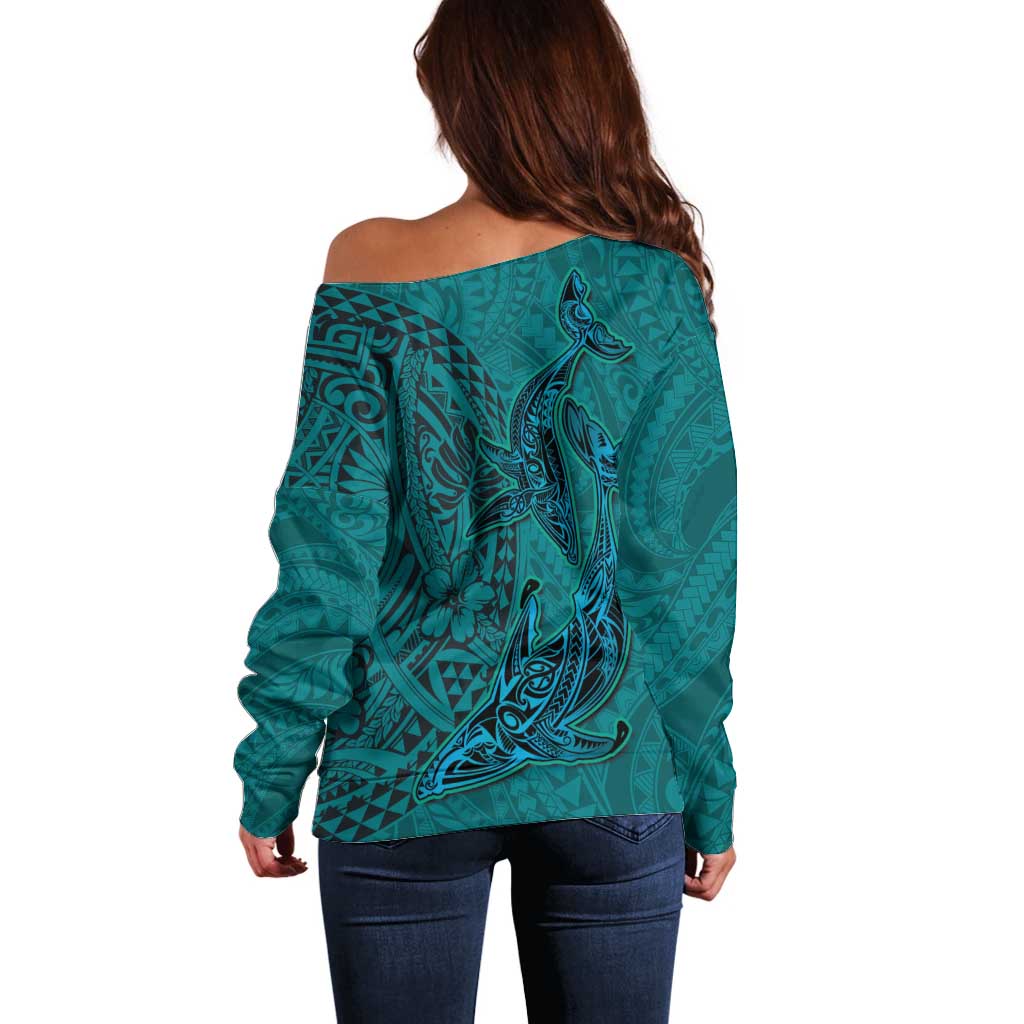 Hawaiian Whales Polynesian Art Motifs Off Shoulder Sweater Turquoise Color - Polynesian Pride