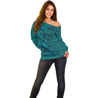 Hawaiian Whales Polynesian Art Motifs Off Shoulder Sweater Turquoise Color - Polynesian Pride