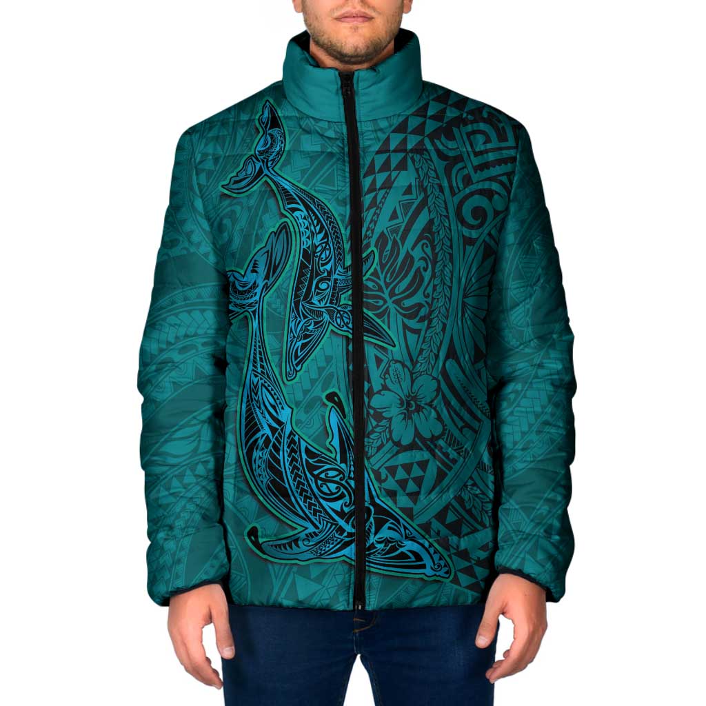 Hawaiian Whales Polynesian Art Motifs Padded Jacket Turquoise Color - Polynesian Pride