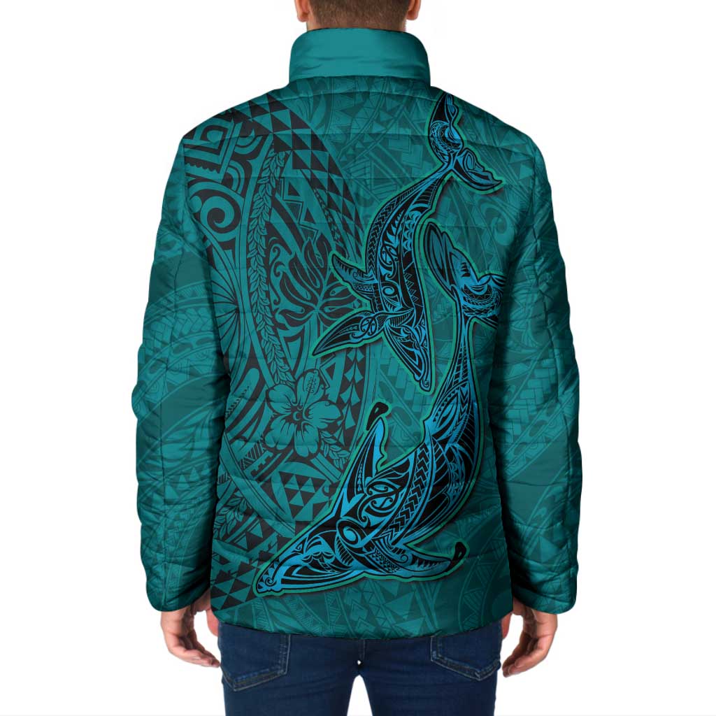 Hawaiian Whales Polynesian Art Motifs Padded Jacket Turquoise Color - Polynesian Pride