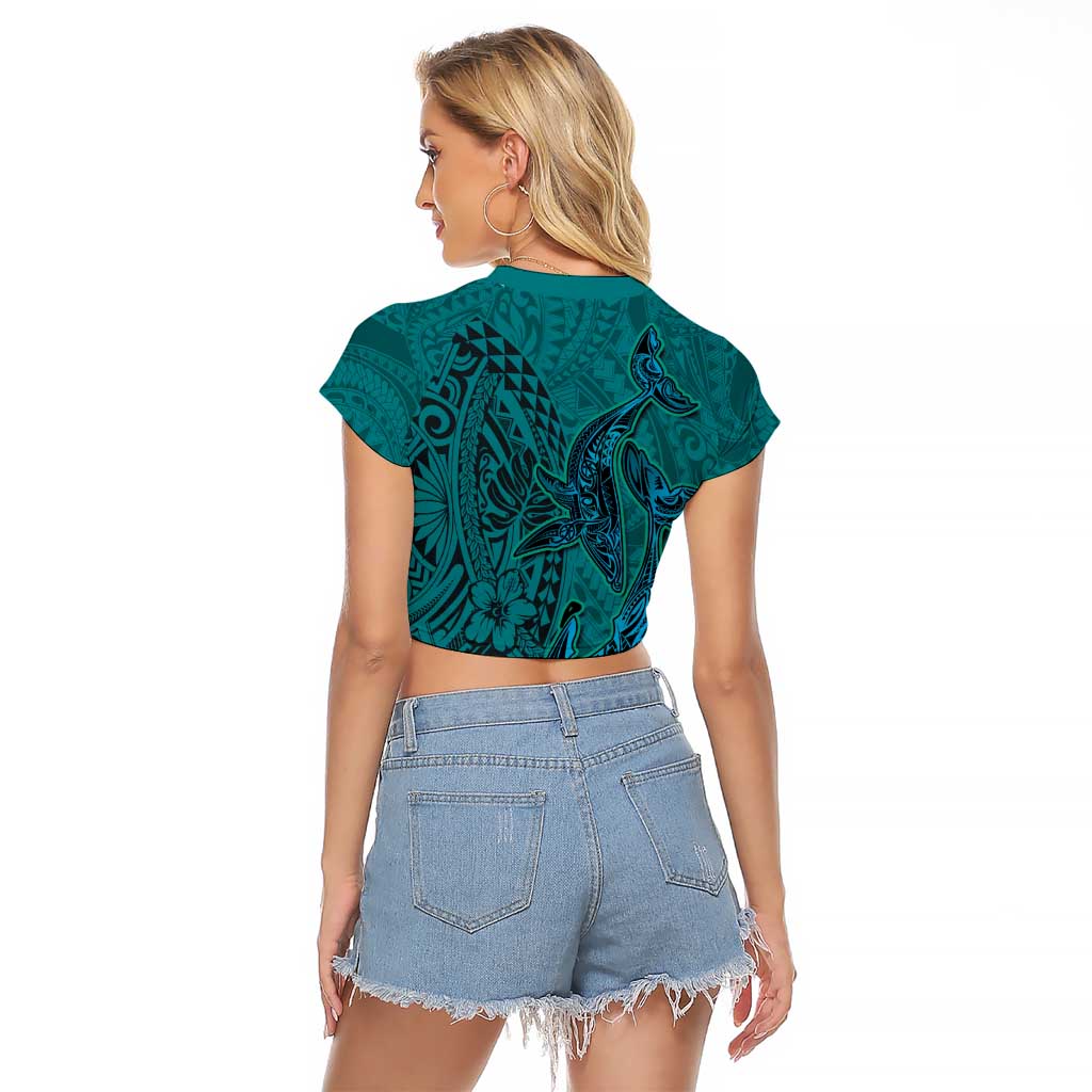 Hawaiian Whales Polynesian Art Motifs Raglan Cropped T Shirt Turquoise Color - Polynesian Pride