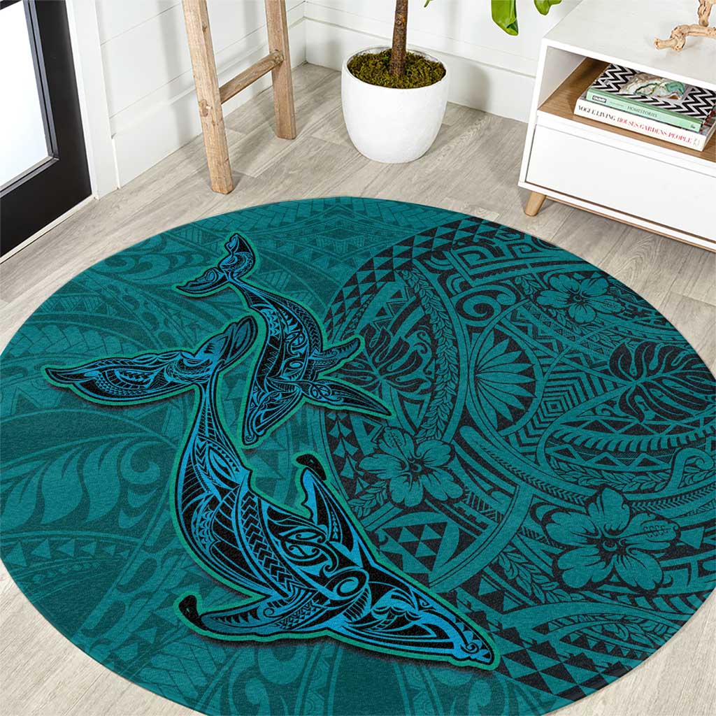 Hawaiian Whales Polynesian Art Motifs Round Carpet Turquoise Color LT03 Turquoise - Polynesian Pride