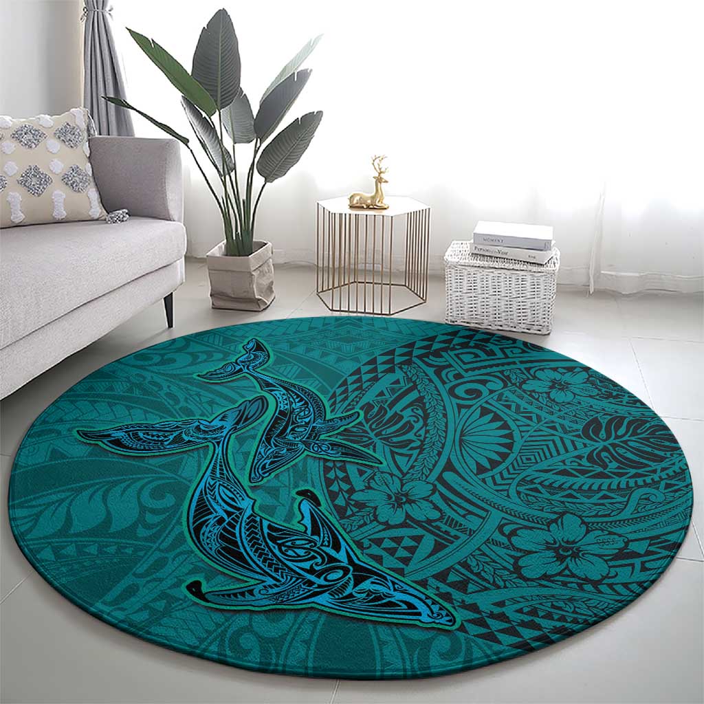 Hawaiian Whales Polynesian Art Motifs Round Carpet Turquoise Color - Polynesian Pride