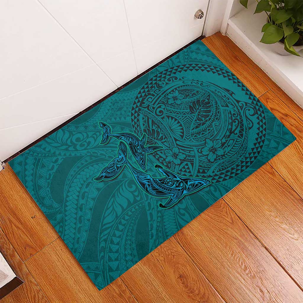 Hawaiian Whales Polynesian Art Motifs Rubber Doormat Turquoise Color - Polynesian Pride