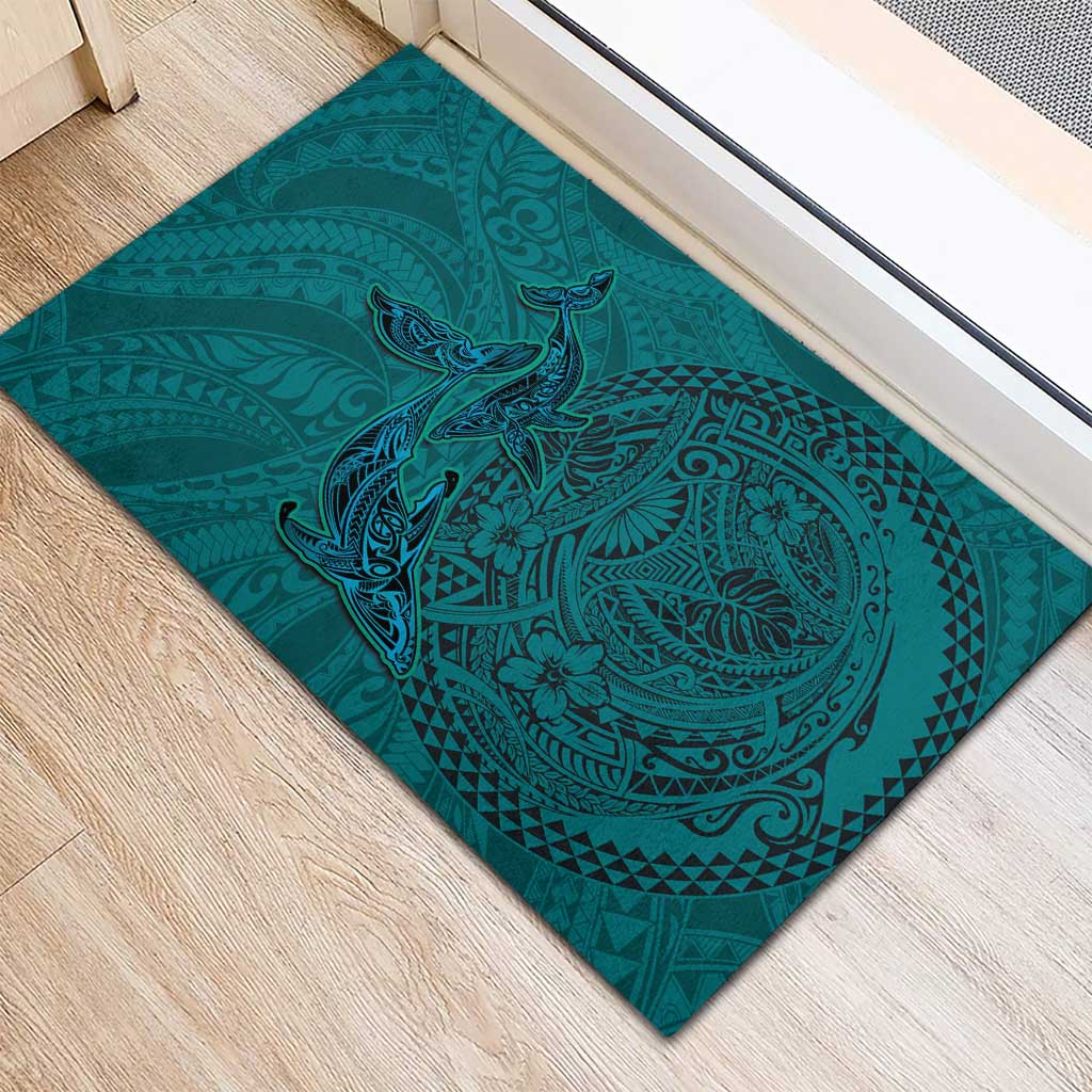 Hawaiian Whales Polynesian Art Motifs Rubber Doormat Turquoise Color - Polynesian Pride