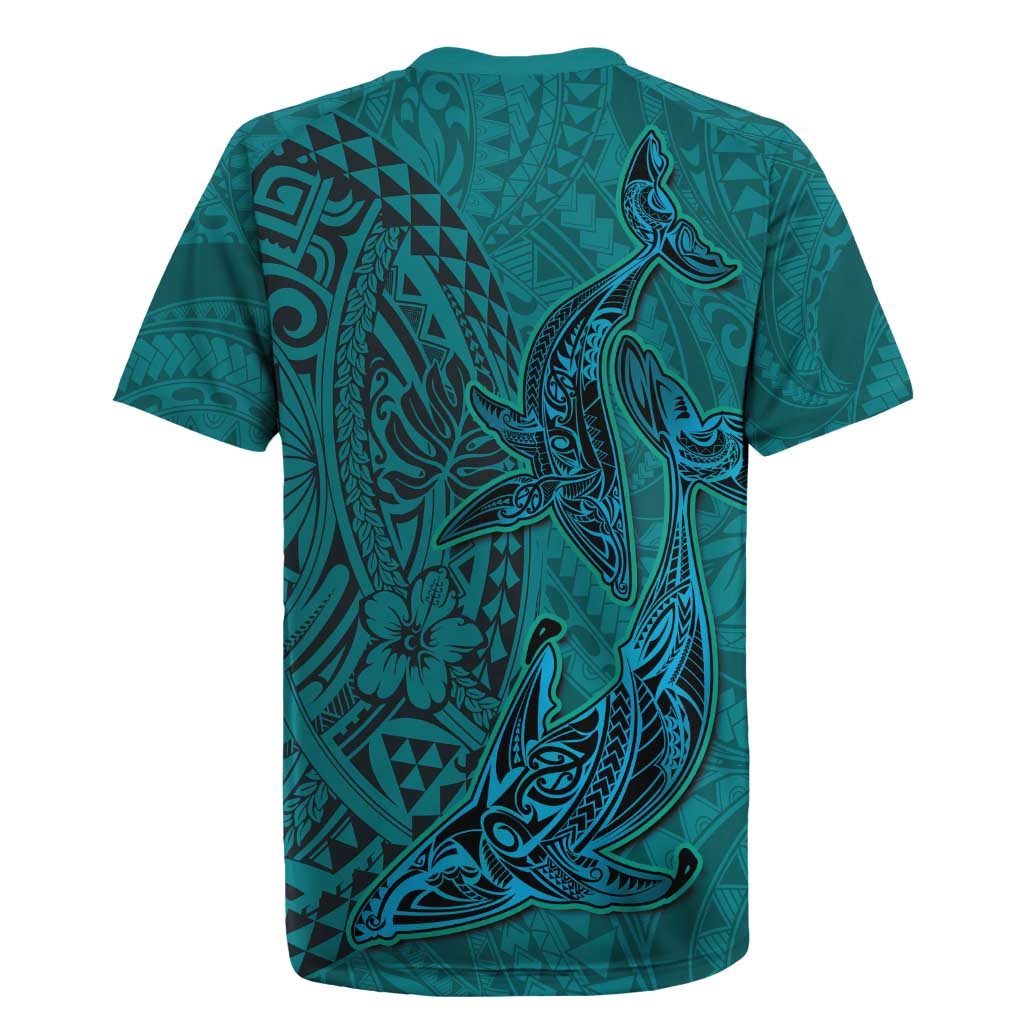 Hawaiian Whales Polynesian Art Motifs Rugby Jersey Turquoise Color - Polynesian Pride