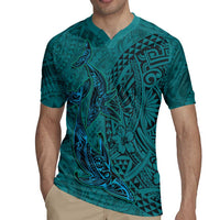 Hawaiian Whales Polynesian Art Motifs Rugby Jersey Turquoise Color - Polynesian Pride