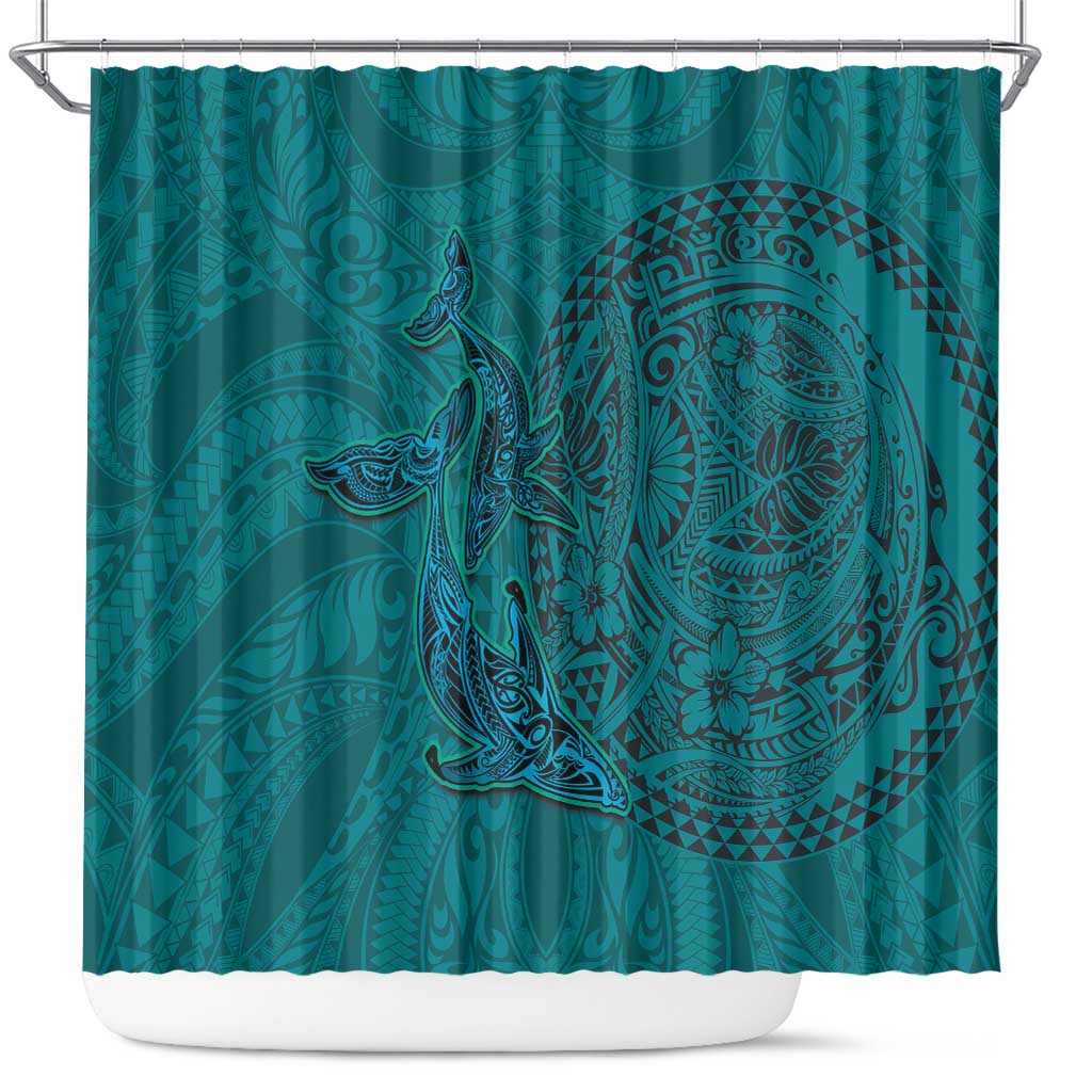 Hawaiian Whales Polynesian Art Motifs Shower Curtain Turquoise Color LT03 Turquoise - Polynesian Pride
