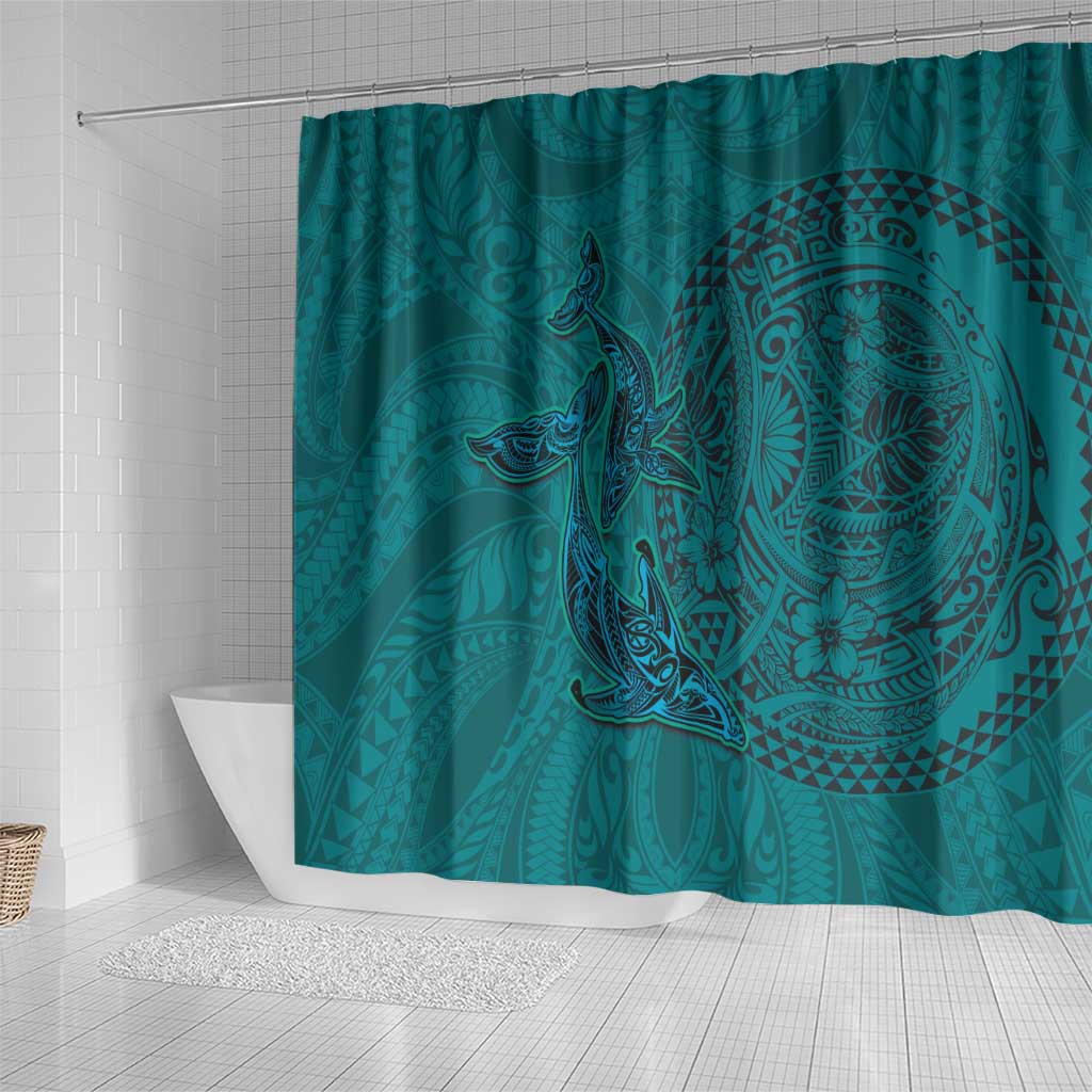Hawaiian Whales Polynesian Art Motifs Shower Curtain Turquoise Color - Polynesian Pride