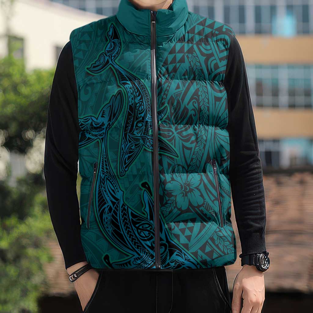 Hawaiian Whales Polynesian Art Motifs Sleeveless Puffer Jacket Turquoise Color - Polynesian Pride