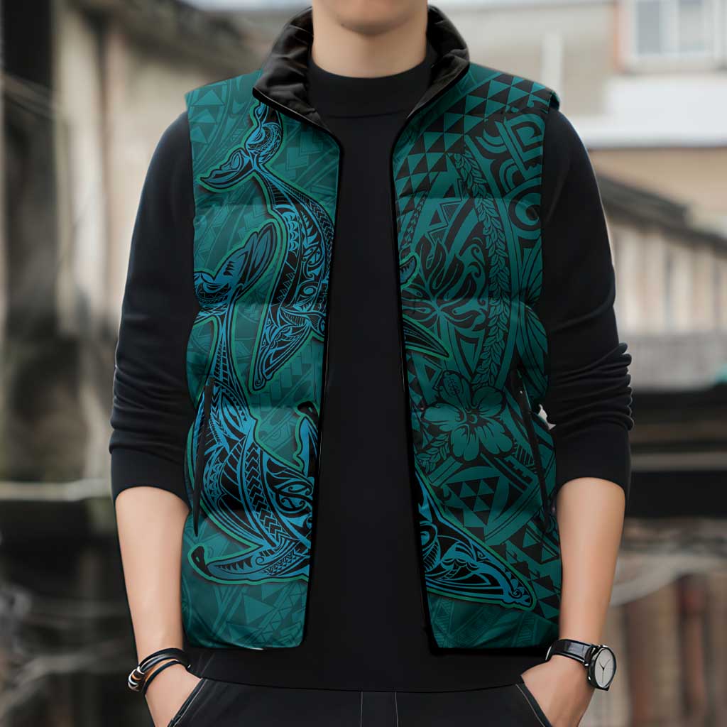 Hawaiian Whales Polynesian Art Motifs Sleeveless Puffer Jacket Turquoise Color - Polynesian Pride