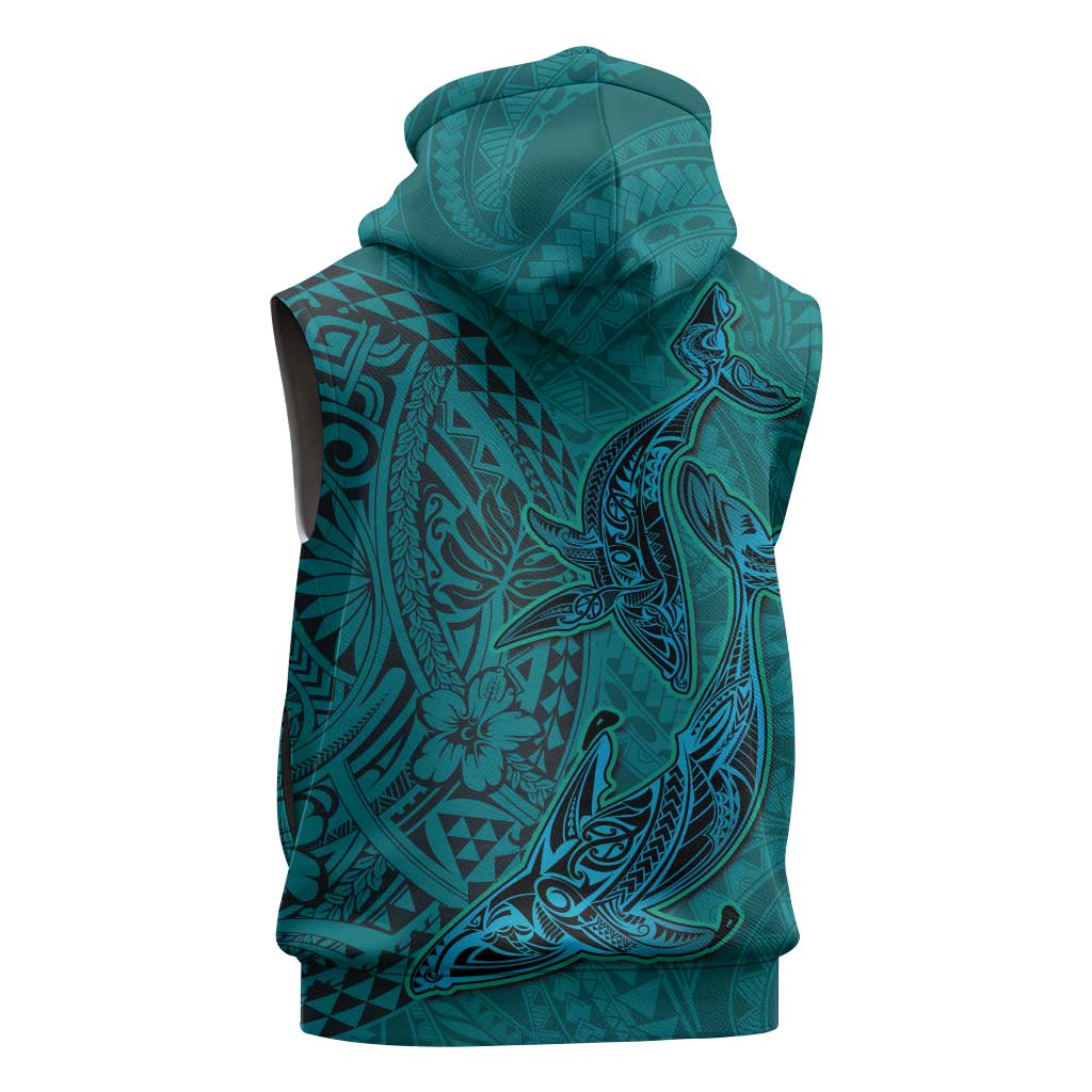 Hawaiian Whales Polynesian Art Motifs Sleeveless Zip Hoodie Turquoise Color - Polynesian Pride