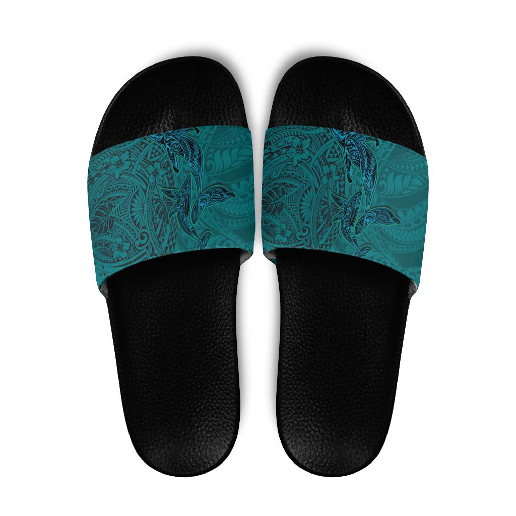 Hawaiian Whales Polynesian Art Motifs Slide Sandals Turquoise Color LT03 Turquoise - Polynesian Pride
