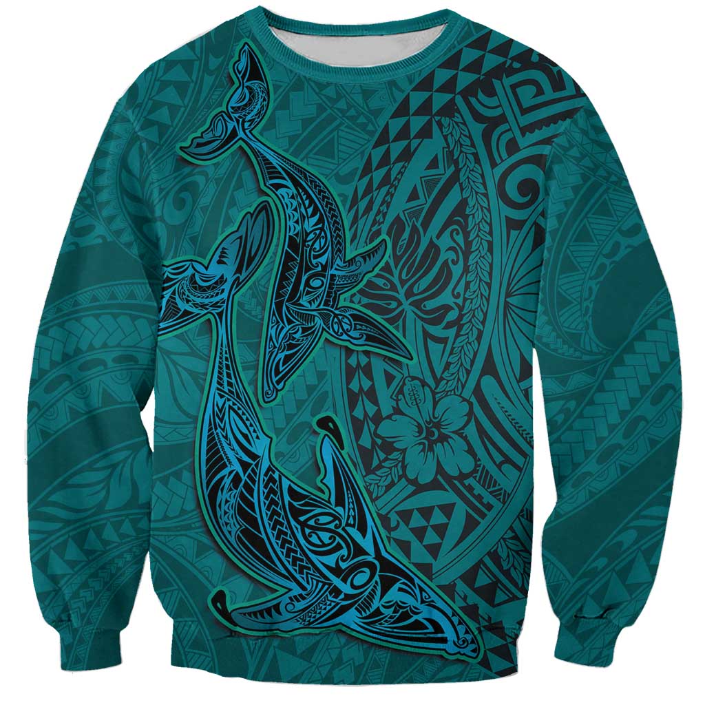 Hawaiian Whales Polynesian Art Motifs Sweatshirt Turquoise Color - Polynesian Pride