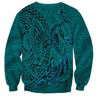 Hawaiian Whales Polynesian Art Motifs Sweatshirt Turquoise Color - Polynesian Pride