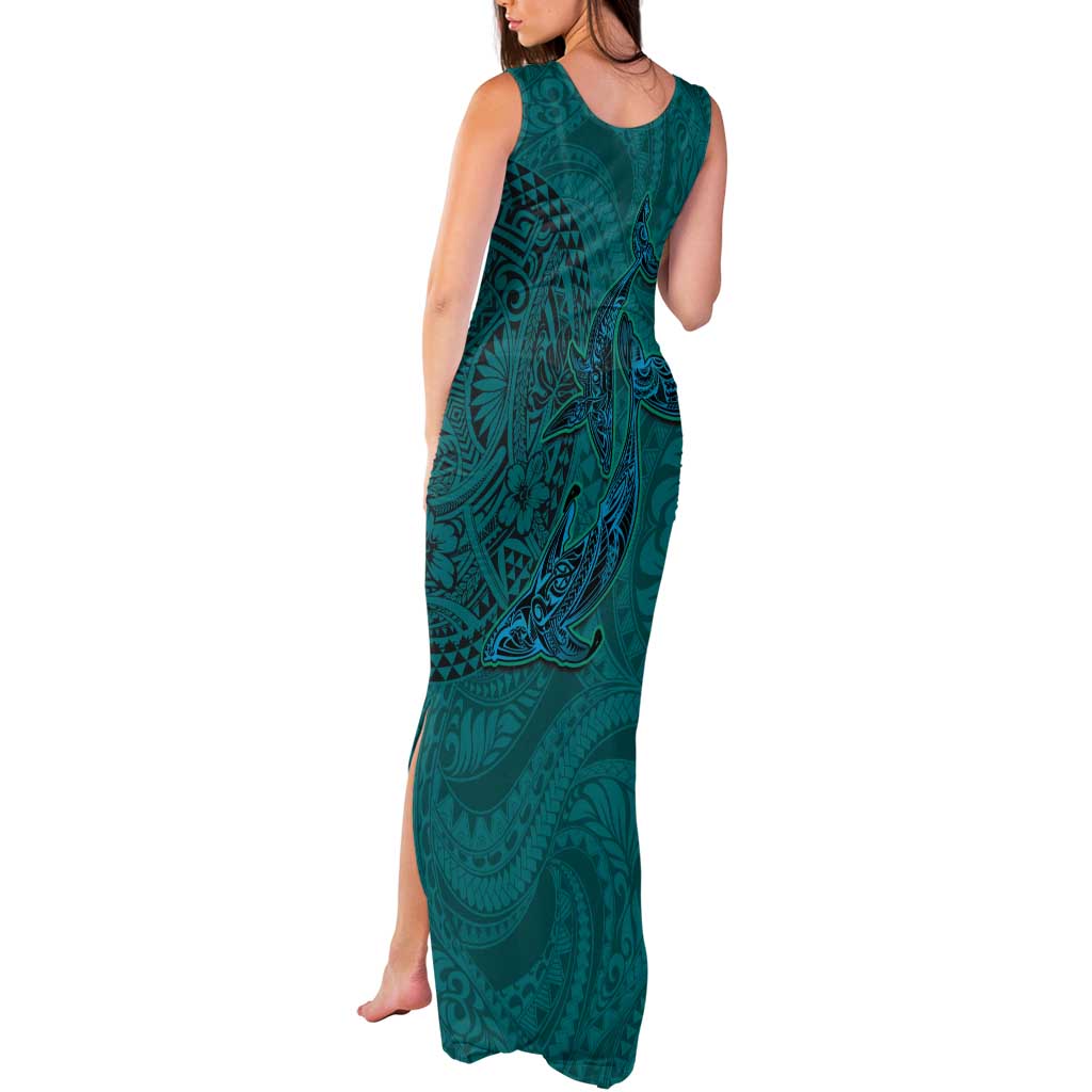 Hawaiian Whales Polynesian Art Motifs Tank Maxi Dress Turquoise Color - Polynesian Pride