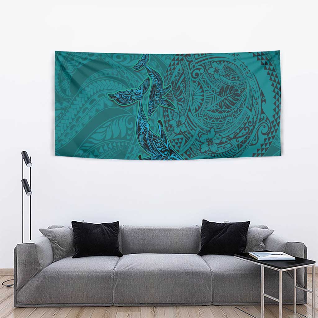 Hawaiian Whales Polynesian Art Motifs Tapestry Turquoise Color - Polynesian Pride