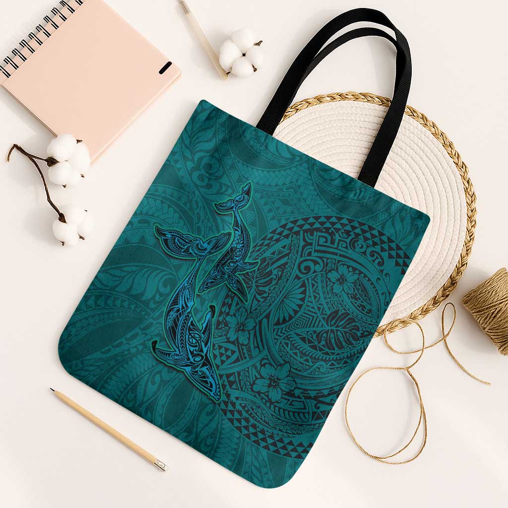 Hawaiian Whales Polynesian Art Motifs Tote Bag Turquoise Color LT03 Black Strap One Size Turquoise - Polynesian Pride