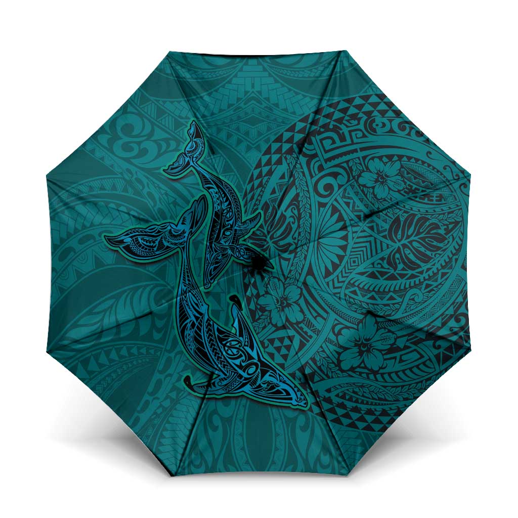 Hawaiian Whales Polynesian Art Motifs Umbrella Turquoise Color LT03 One Size Folded 11.42 inch Opened Diameter 37.4 inch Turquoise - Polynesian Pride