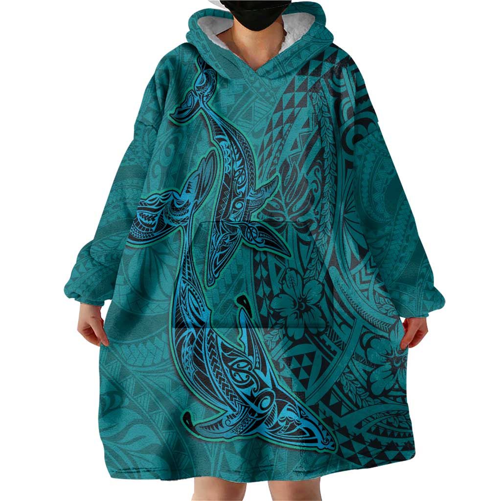 Hawaiian Whales Polynesian Art Motifs Wearable Blanket Hoodie Turquoise Color - Polynesian Pride