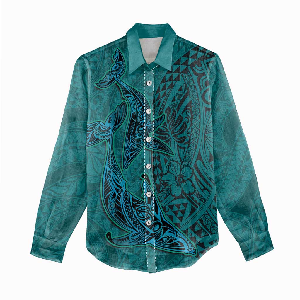 Hawaiian Whales Polynesian Art Motifs Women Casual Shirt Turquoise Color - Polynesian Pride